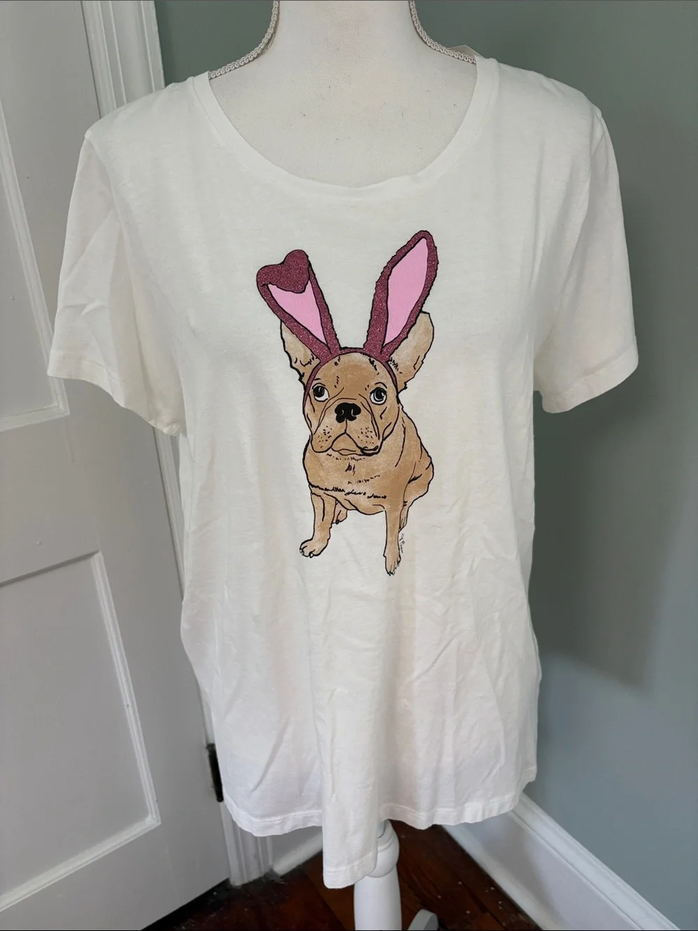 NWT J. Crew White Tee with Pink Bunny-Eared French Bulldog